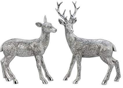k/A Silberne Hirsche, Dekofiguren stehend, Hirschpaar Silber, 2 teiliges Set mit Felloptik