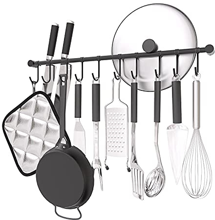 OKEPOO Wall Mounted Utensil Holder, Stainless Steel 20 inch Hook Bar Utensils with 10 Pcs Noiseless Sliding Hooks, Spoon Rack Hanger Bar Tool Organizer for Kitchen. (Black)