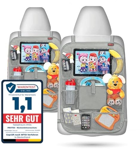 PROTEX© Rückenlehnenschutz Organizer [Testsieger 2025] 100 Tage risikofrei testen - Auto Rücksitz Organizer mit 12 Zoll Tablet Fach [grau]