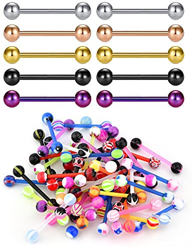 D.Bella Zungenpiercings, Edelstahl, 14 g, zufällige Farben, 16 mm, Zungenpiercing, Schmuck für Frauen und Männer, 16 Stück, Kunststoff