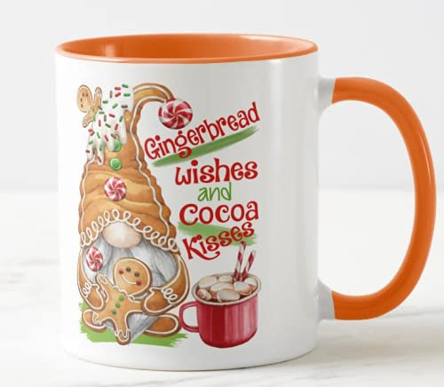 Vixar Christmas Gingerbread Wishes and Cocoa Kisses Coloured Mug Cup, Gift, Work, Office, Christmas Tea Coffee (Orange)
