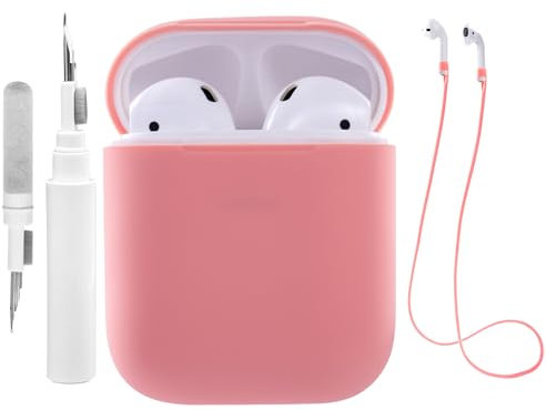 Teyomi Funda de Silicona Compatible con AirPods 2 y 1 con Kit de Limpieza, Funda Protectora Compatible con Apple AirPods 2&1 con Correa Deportiva, Funda Suave para Airpods 1&2 (Rojo Coral)