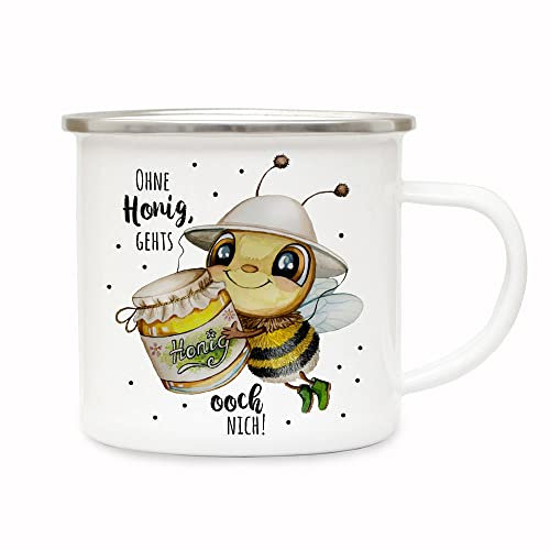 ilka parey wandtattoo-welt Emaille Becher Camping Tasse Geschenk für Imker Imkerei beekeeper Biene Honigglas Spruch Ohne Honig gehts ooch nich Kaffeetasse Geschenk eb646