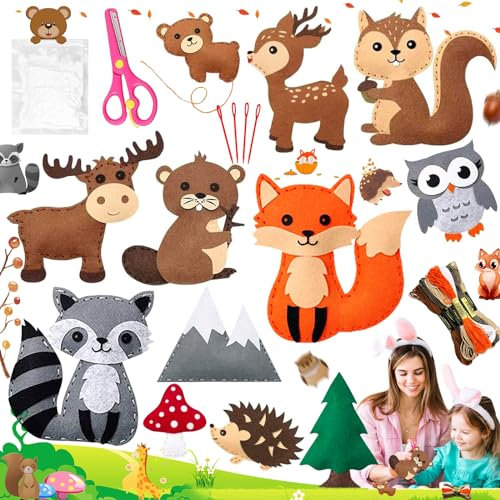 Liekadijiae 32 Stück Children's Felt Craft Sets, Filz Nähen Kits, DIY Tierformen Filz, Forest Animal Sewing Set, Nähset für Kinder, Nähen Kinder Filzset mit Stickgarn Plastiknadeln Füllwatte Schere