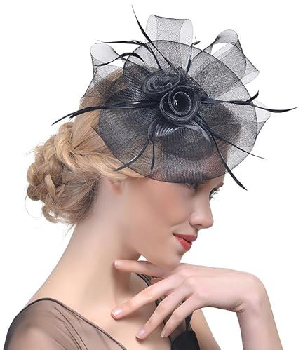 Fashband Fascinators Hut Feder Mesh Blumen Stirnband Clip Cocktail Kopfschmuck Tee Party Hochzeit Royal Ascot Races für Frauen und Mädchen(Schwarz)
