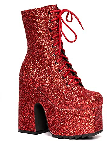 Lamoda Spotlight Chunky Platform Ankle Boots Red Glitter - Gothic Alternative Statement Ankle Boots with Bold Block Heel, Festival & Party Fashion Footwear - UK3