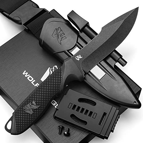 ODENWOLF W3 Outdoor Messer feststehende Klinge - Inkl. Scheide + Feuerstarter - Ideales Jagdmesser aus einem Stück D2 Stahl gefertigt - Premium Survival Messer - Bushcraft Messer Outdoor
