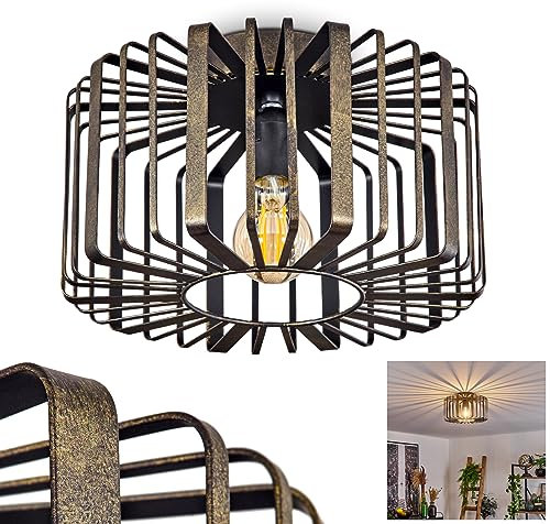 Deckenleuchte Oravi, runde Deckenlampe aus Metall in Bronzefarben/Altgoldfarben, 1-flammig, E27-Fassung, ohne Leuchtmittel, Ø 30 cm, Retro/Vintage Leuchte mit tollem Lichteffekt durch Gitter-Optik