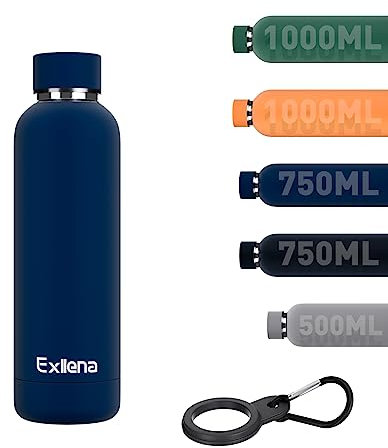 Exllena Insulated Water Bottles 500ml with Clip, Double Wall Vacuum Drinks Bottle Keeps Drinks Cold 24 Hrs/Hot 12 Hrs, Stainless Steel Water Bottle BPA Free (Dark Blue)