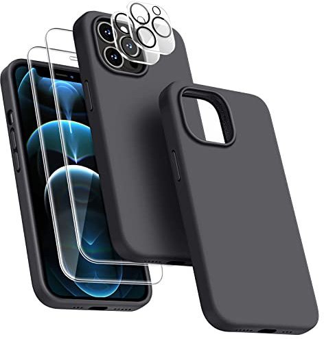 Dssairo [5 in 1 für iPhone 12 Pro Max Hülle 6,7 Zoll, mit 2 Pack Displayschutzfolie + 2 Pack Kameraobjektivschutz, Flüssigsilikon Ultra Slim Stoßfest Schutzhülle Handyhülle (Space Gray)