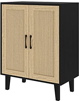 Panana Buffet Cabinet Sideboard with Rattan Decorated Doors Kitchen Storage Cupboard Accent Cabinet (Black)