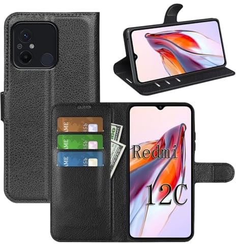 betterfon Handyhülle Kompatibel mit Xiaomi Redmi 12C | Premium Qualität TPU Klapphülle für Redmi 12C mit Kartenfächern | Magnetverschluss Handyhülle | Schwarz