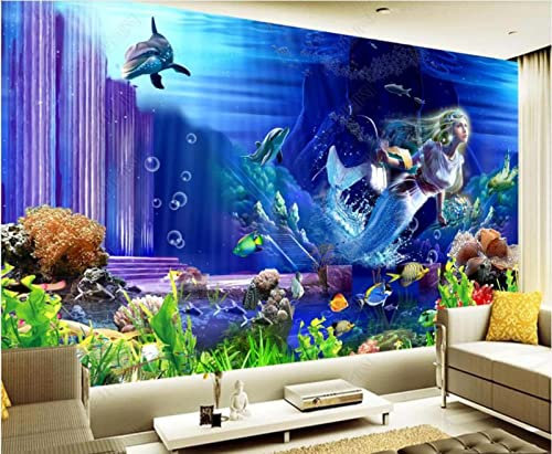 Fototapete 3D Effekt Unterwasserwelt Meerjungfrauen Delphine Tapeten 3D Effekt Vliestapete Wohnzimmer Schlafzimmer Wandbilder Wanddeko