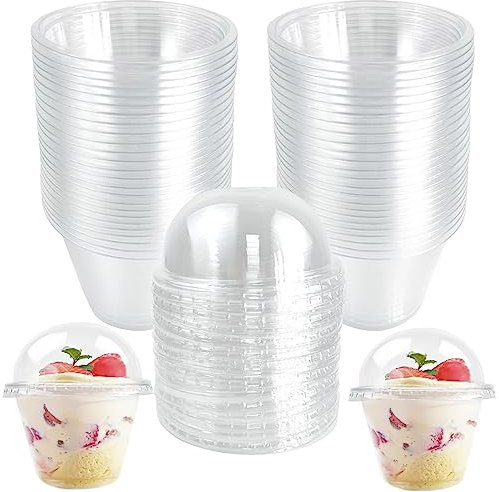 Rainmae 100-Pack Disposable Clear Plastic Cups with Dome Lids, 180ml/6oz Crystal PET Dessert Cups for To Go Iced Coffee Cold Drinks, Smoothie, Bubble Boba Tea, Juice, Parfait, Frappuccino, Milkshake