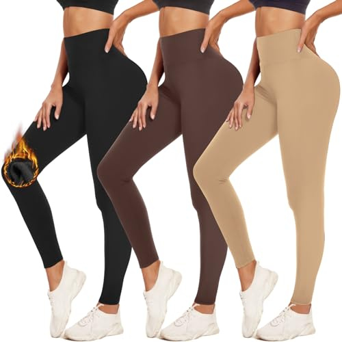 Aoliks Damen Fleece Gefüttert Leggings Weiche Hohe Taille Abnehmen Warme Leggings Winter Workout Yoga Hosen, Schwarz/Beige/Braun, Large-X-Large