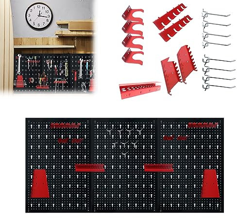 JOIEYOU Pared de herramientas de metal, 120 x 60 x 2 cm, 3 piezas, con 17 piezas, juego de ganchos, placa perforada, soporte para herramientas para taller