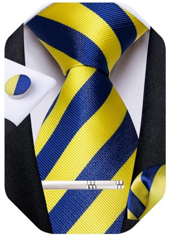 DiBanGu Mens Tie Set Silk Plaid Striped Necktie Woven Pocket Square and Cufflinks Tie Clip Set Formal Wedding, Blue and Yellow, One Size