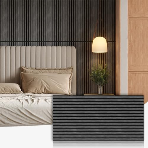 SOCBAZZAR Wood Slat Acoustic Panels for Wall and Ceiling, 3D Fluted Wood Veneer Paneling, 47.3 x 23.6 Each Soundpoof Wooden Slat Wall Panel - Black Oak, 4 Pack