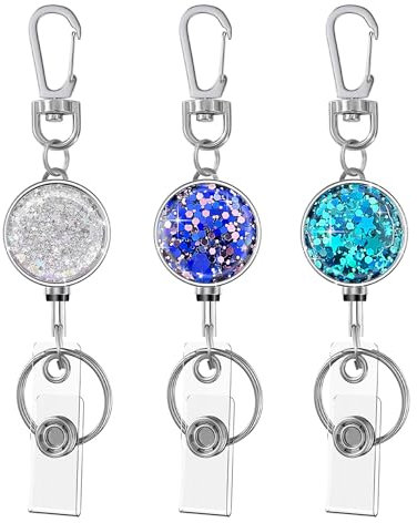 bolimoss Lot de 3 enrouleurs de badges rétractables avec porte-clés et mousqueton pour ceinture, porte-clés rétractable en métal pailleté pour cartes d'identité, infirmière, enseignant, étudiants