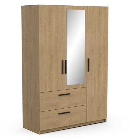 Demeyere Armoire 3 Portes avec Miroir, 2 Tiroirs & 5 Niches Tendance – Style Industriel – Coloris Chêne Hamilton & Noir Mat - 134 x 192 x 52 cm