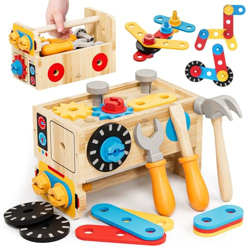 Lehoo Castle Caja Herramientas Juguetes Caja Manualidades Herramientas Bricolaje Juguetes Niños 2 3 4 5 Años Montessori, 29 Piezas Juegos de Construcción de Madera Juegos Educativos