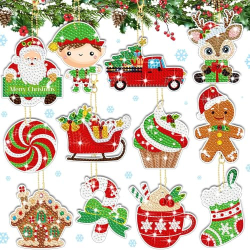 QUANMAITONG 12 Set Diamond Painting Anhänger kinder Weihnachten, 5D Der Weihnachtsmann Painting kit DIY Diamond Painting Lebkuchenmann Schlüsselanhänger