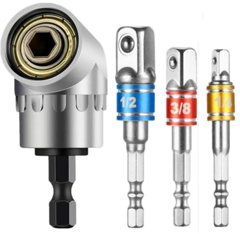 FTXanty Winkelbohraufsatz Winkelschrauber Aufsatz 105° Bohrer Sechskantschaft + Stecknuss Adapter Set (1/4,3/8,1/2 Zoll) Akkuschrauber Winkelaufsatz für Hand Elektroschrauber Bithalter