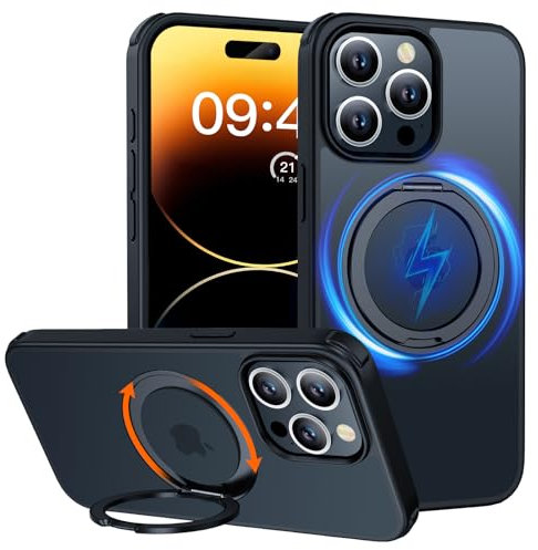 Iokmax for iPhone 15 Pro Max Case [360° Rotatable Magnetic Ring Stand] [Compatible with MagSafe] [12FT Military Shockproof] Slim Translucent Matte Back Phone Cover for 15 Pro Max 6.7, Black Titanium