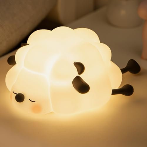 NesveCit Silikon Nachtlicht Kinder, Schafe Nachtlicht 1200mAh Babylicht USB Aufladung und 30 Minuten Timing Funktion Kawaii Nachtlampe mit Touch Schalter 3 Stufige Helligkeitseinstellung