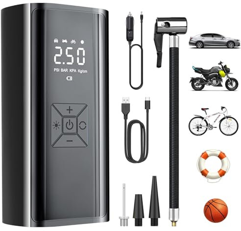Compresseur à Air Portable 150PSI - Mini Pompe Électrique 4500mAh avec Affichage Numérique, Lumière LED et Port USB C pour Pneus de Moto, Voiture, Vélo et Balle