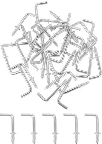 QUARKZMAN 40 Stück L-Form Schraubhaken Hakenschrauben, 9×25mm L-Förmige Kleine Schraubhaken Haken zum Schrauben Rechtwinklige Haken aus Kohlenstoffstahl Hakennägel Haken, Silber
