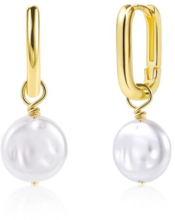 Gold Pearl Drop Earrings for Women, ASH'S CHOICE Small Gold Square Hoop Earrings for Women, Goldplated Pearl Dangling Earrings Sterling Silver 925 Square Huggies Hoop with Freshwater Pearl Earrings