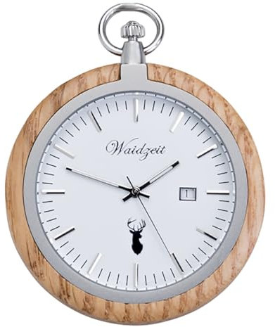 Waidzeit Herren Taschenuhr Edelstahl Holz braun mit Uhrenkette UWAYT01 Analoguhr