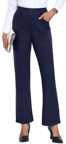 GRECERELLE Pantalon pour femme extensible Pantalon de bureau Pantalon de yoga Taille élastique Pantalon droit décontracté Pantalon de travail pour femme UK Pantalon de yoga avec poches, bleu marine