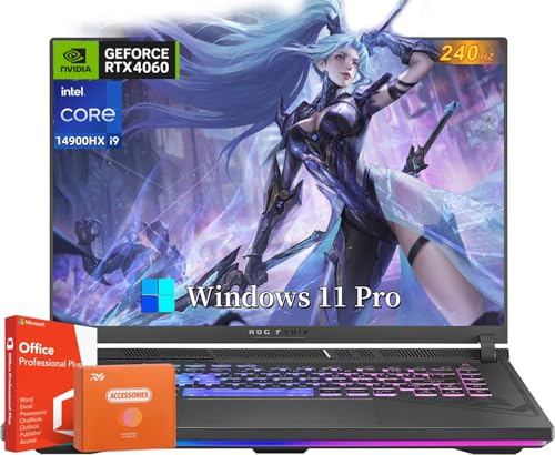 ASUS Ordinateur portable de jeu ROG Strix G16, avec licence à vie Office 2024, 16 po QHD+ 240 Hz, Intel i9-14900HX, GeForce RTX 4060, 64 Go de RAM DDR5, 4 To SSD, Ko rétroéclairé, Windows 11 Pro, avec