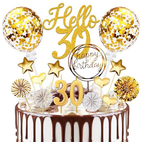 Tortendeko 30 Geburtstag Mann Frau, 20 Pcs Gold Cake Topper Deko 30 Geburtstag Männer Frauen, Hello 30 Tortendeko mit Geburtstagskerzen, für 30 Geburstagstorte Deko