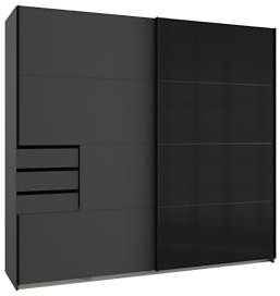 möbelando Schwebetürenschrank >Saigon< Graphit & Glas Schwarz, 225 cm, 208 cm, 64 cm, 2 Schwebetüren, 3 Schubladen, 2 Einlegeböden groß, 2 klein, 1 Kleiderstange, Made in Germany