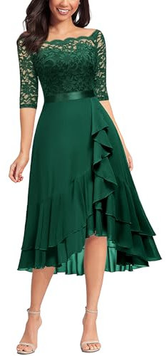 MIUSOL Women's Elegant Lace Chiffon 2/3 Sleeve Off-Shoulder Cocktail Ball Bridesmaid Patry Swing Midi Dress (Medium, Double Hem-Dark Green)