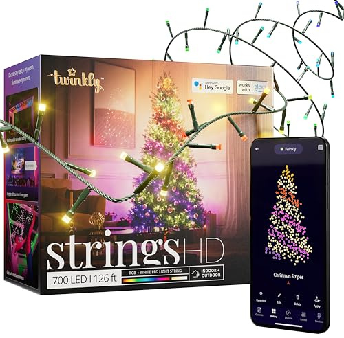 Twinkly Strings HD – 700 RBG + Warm White LEDs, 38.5 Meters, Green Wire, Indoor/Outdoor Lighting Decoration