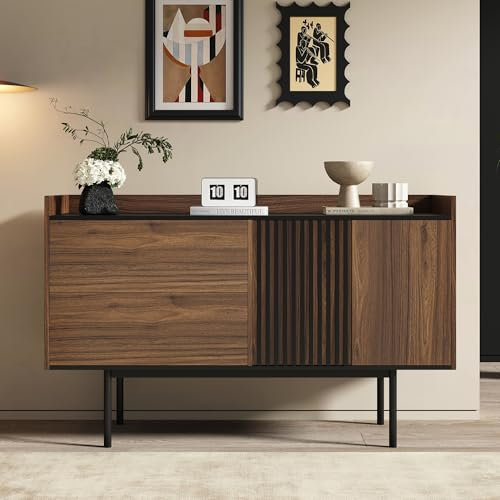 Moderne Minimalistische Sideboard mit 2 Schubladen und verstellbarem Regal, ideal für Wohnzimmer und Esszimmer (Nussbaum+Schwarz)