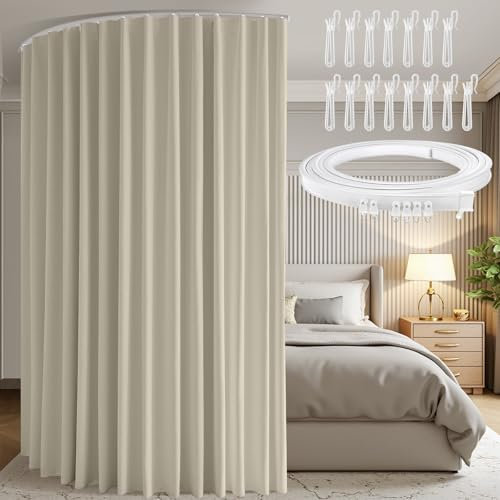 BTTO Raumteiler Vorhang mit Schienen, Extra Breite H274 x B254 cm Raumtrenner Gardinen Deckenmontage, Vorhänge Raumteiler Blickdicht Sichtschutz, für Balkon Wohnzimmer Schlafzimmer Büro, Beige, 1er