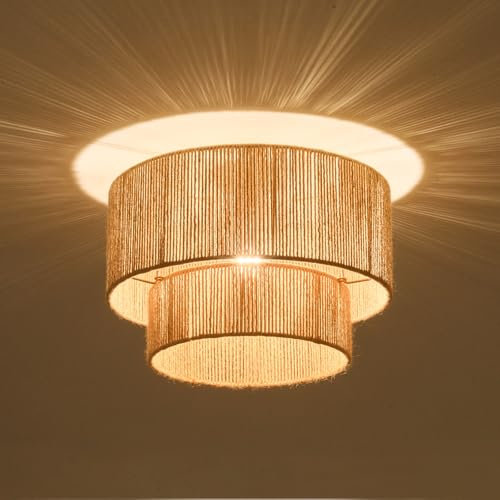 Boho Rattan Deckenlampe – 40 cm Rustikale Bambus-Deckenleuchte Boho Korb Lampe für Schlafzimmer, Wohnzimmer Küche, E27 Sockel