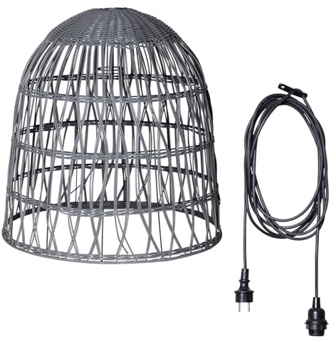 Lampenschirm BELL in Rattan Optik outdoor wetterfest für Garten Terrasse Balkon für E27 Fassungen schwarz H: 50cm Hängelampenschirm für Innen Außen in Korbgeflecht Stil (D: 48cm/grau-5m Kabel)