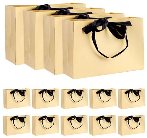 JIEHIN 24 Stück Gold Geschenktüten mit Schleife Groß 30x20x10cm, Papier Geschenktüten mit Henkel Schwarz, Papiertüten Geschenktaschen Gift Bags für Hochzeit, Weihnachten, Geburtstag, Festlich