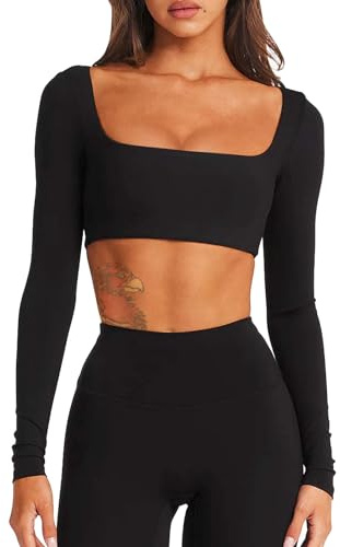 TZLDN Damen Sport Top Langarm Sportshirt Crop Top Bauchfreies Oberteil Cropped Sporttop Fitness Dance Yoga Gym Outfit Schwarz M