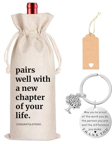 Leaving Gifts for Colleagues Wine Bottle Gift Bag for Women Men 3Pcs with Keyring Paper Label Farewell New Job Wine Bag Gifts for Friends Colleagues Work Friend (Leaving Gifts)