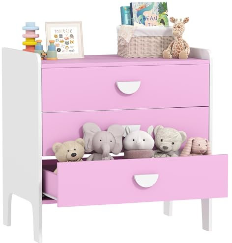 AIYAPLAY Kinderkommode mit 3 Schubladen, Schubladenschrank, Kinderzimmer Nachtschrank, Kinderschrank Spielzeug-Organizer für Kinderzimmer, Wohnzimmer, 60 x 40 x 60 cm Rosa+Weiß