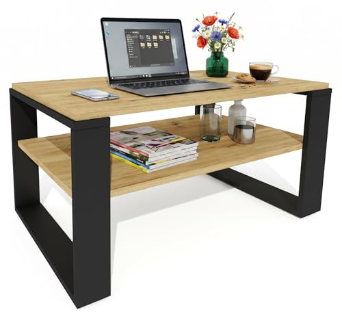 möbelkap Couchtisch 91×51 cm – Wohnzimmertisch aus Holzwerkstoff, Stabiler & moderner Kaffeetisch mit zusätzlicher Ablagefläche – Beistelltisch, Eiche Artisan/Schwarz, rechteckig