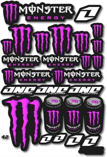 Aufkleber Monster Energy Fuchsia – Set hochwertiger Vinyl-Aufkleber für Motorrad, Helm, Auto, MTB, BMX, Motocross, Skateboard, Laptop, wasserfest, langlebig und leicht zu entfernen