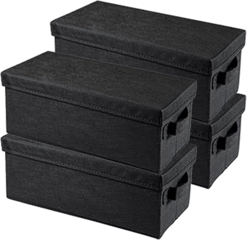 FERNVALE DVD Storage Boxes with Lids – 36×17×14cm Collapsible Small Storage Bins, Slim Storage Box for DVDs & CDs, Storage Boxes for Home & Kitchen, Wardrobe, Office (Black, 4-PACK)